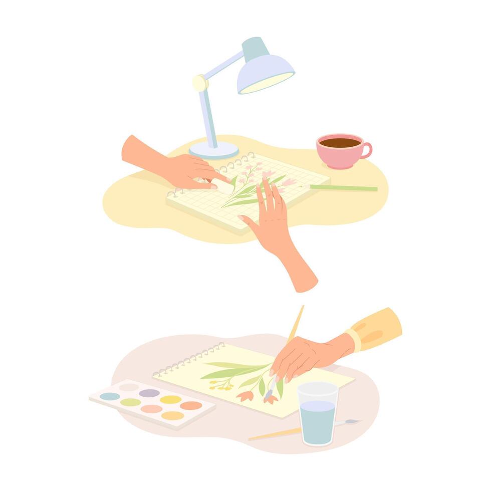 Hands Drawing Flowers with Paints on Paper and in Notepad as Handmade Craft Set vector
