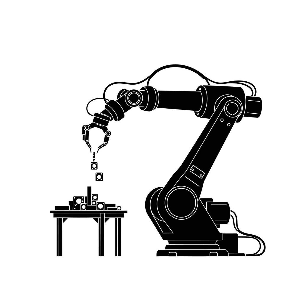 Industrial Robotic Arm Assembling Cubes on Table - Automation, Manufacturing, Technology, smart factory vector