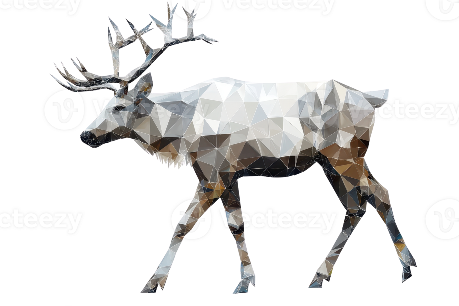 A geometric representation of a reindeer walking, featuring angular shapes and a unique low-poly design. png