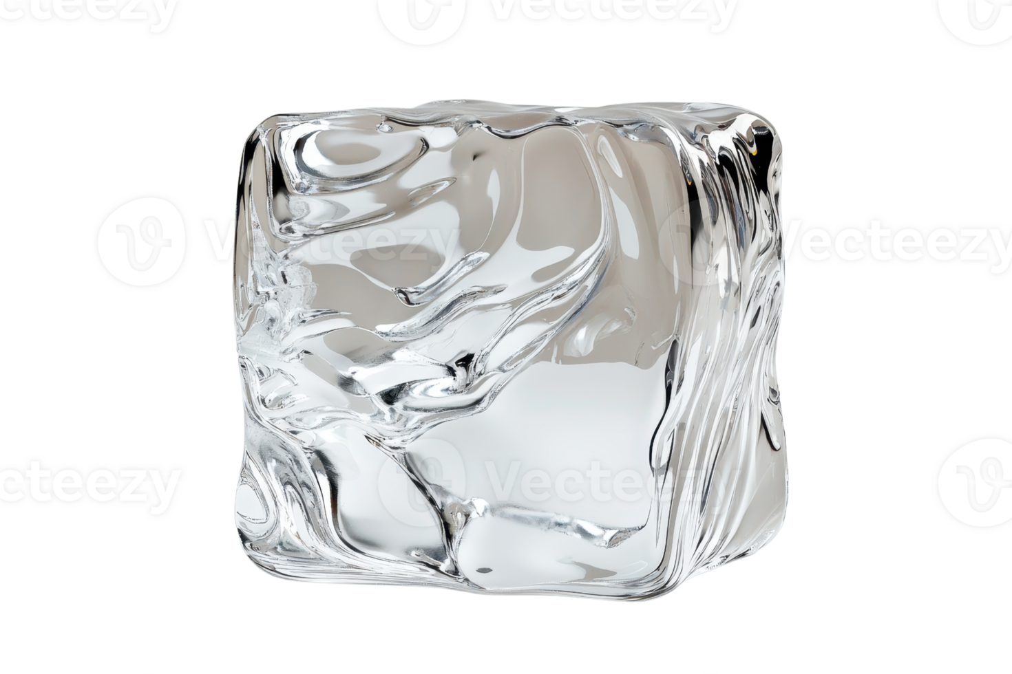 A clear ice cube with smooth, curved edges and intricate internal patterns, showcasing its crystalline structure. png