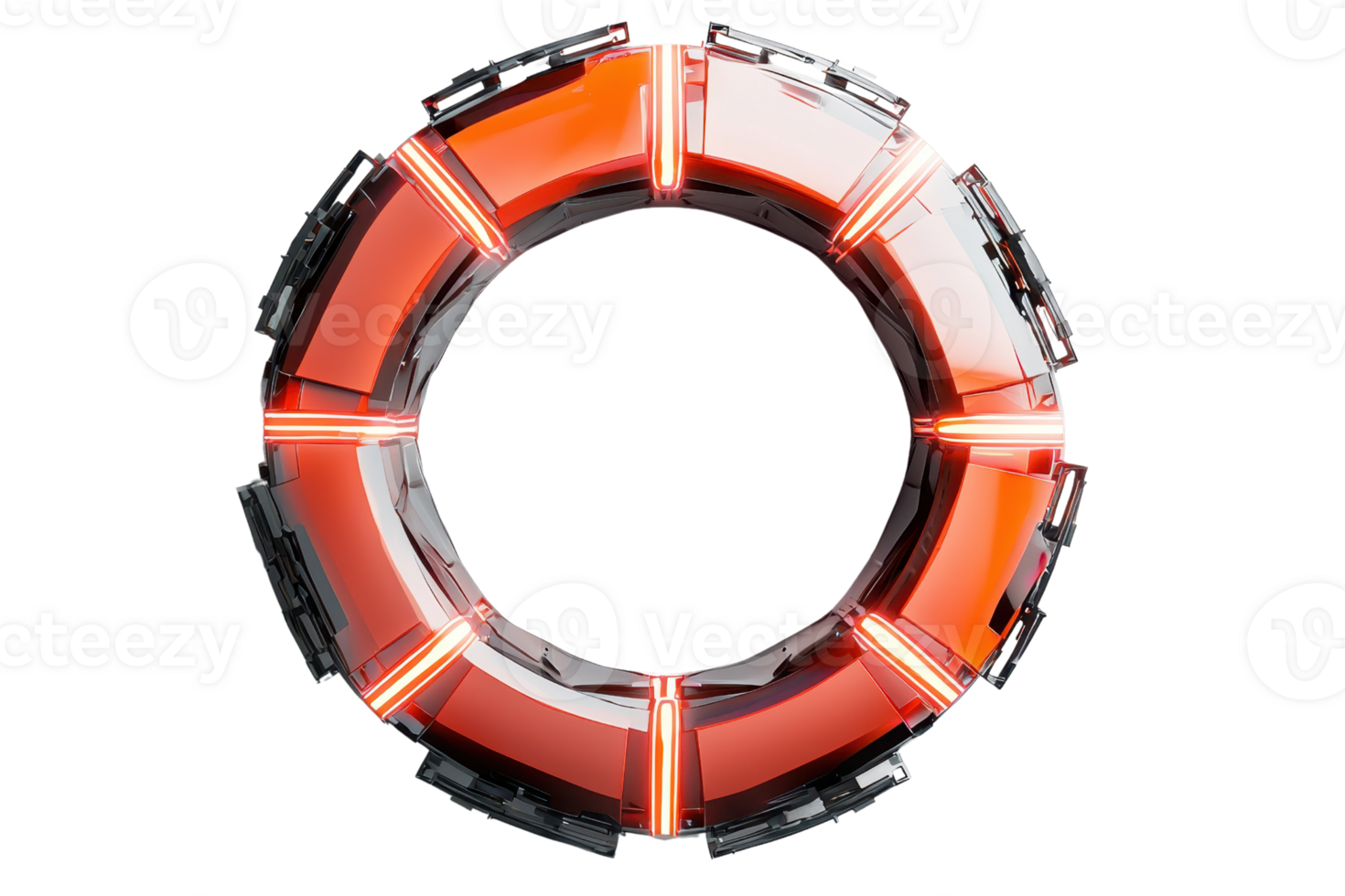 uma circular objeto apresentando segmentado, brilhando elementos dentro vibrante vermelho, criando uma futurista e tecnológica aparência. png