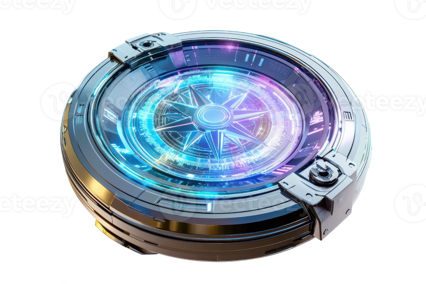 A futuristic, circular device featuring a glowing, multicolored center with intricate patterns and metallic edges. png