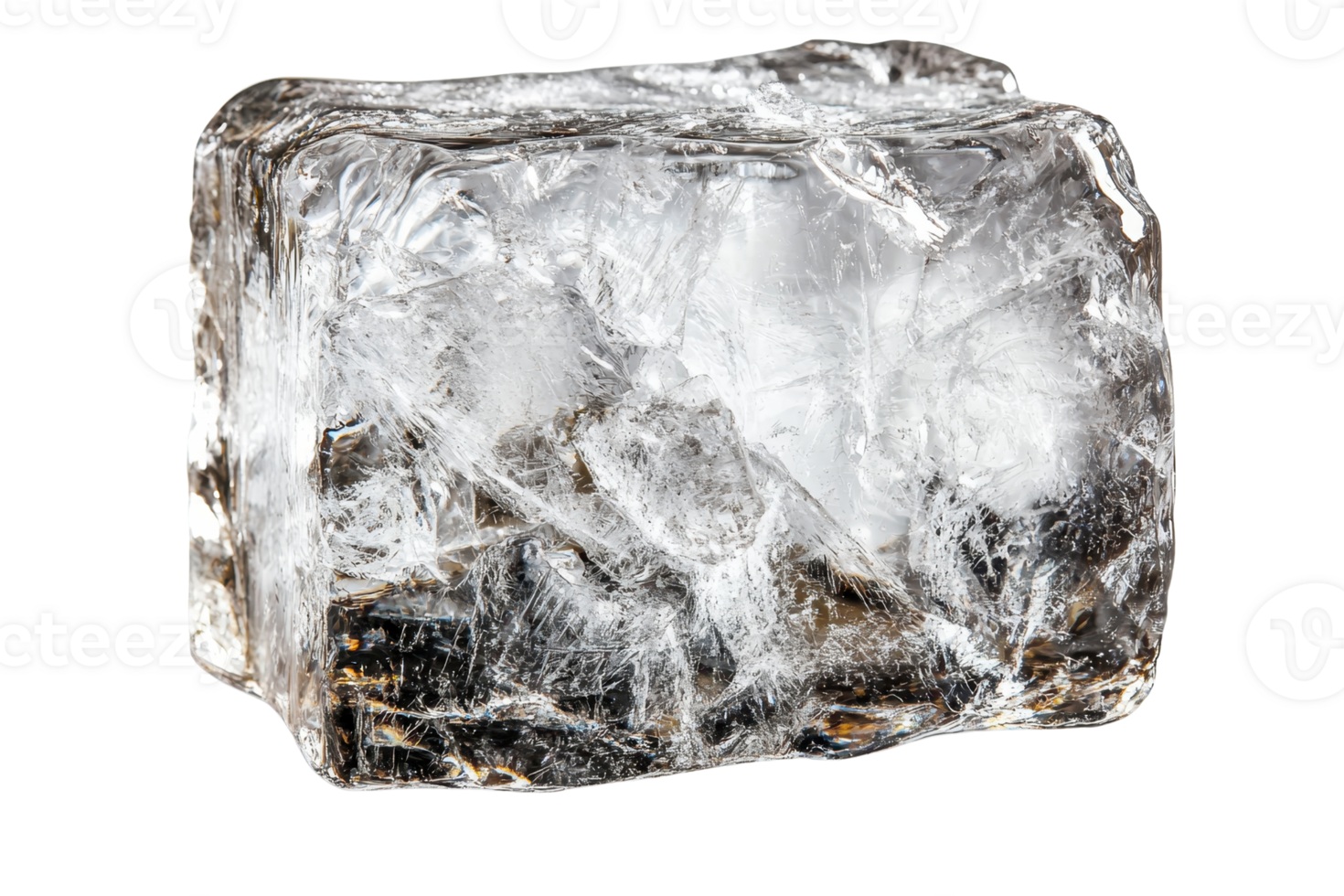 A clear, textured ice block showcasing intricate patterns and facets, reflecting light in various angles. png