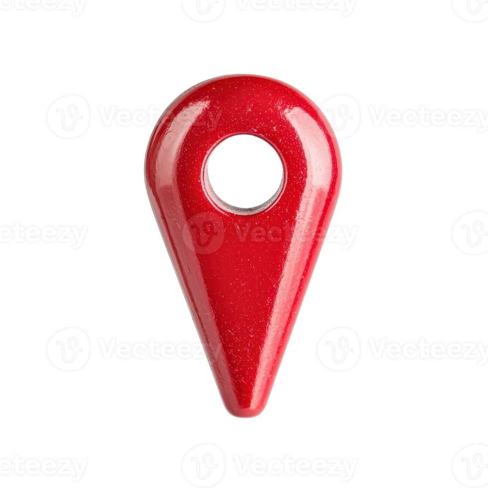A shiny red location pin icon with hole in center, symbolizing navigation and mapping. glossy finish adds modern touch, making it ideal for digital interfaces and applications png