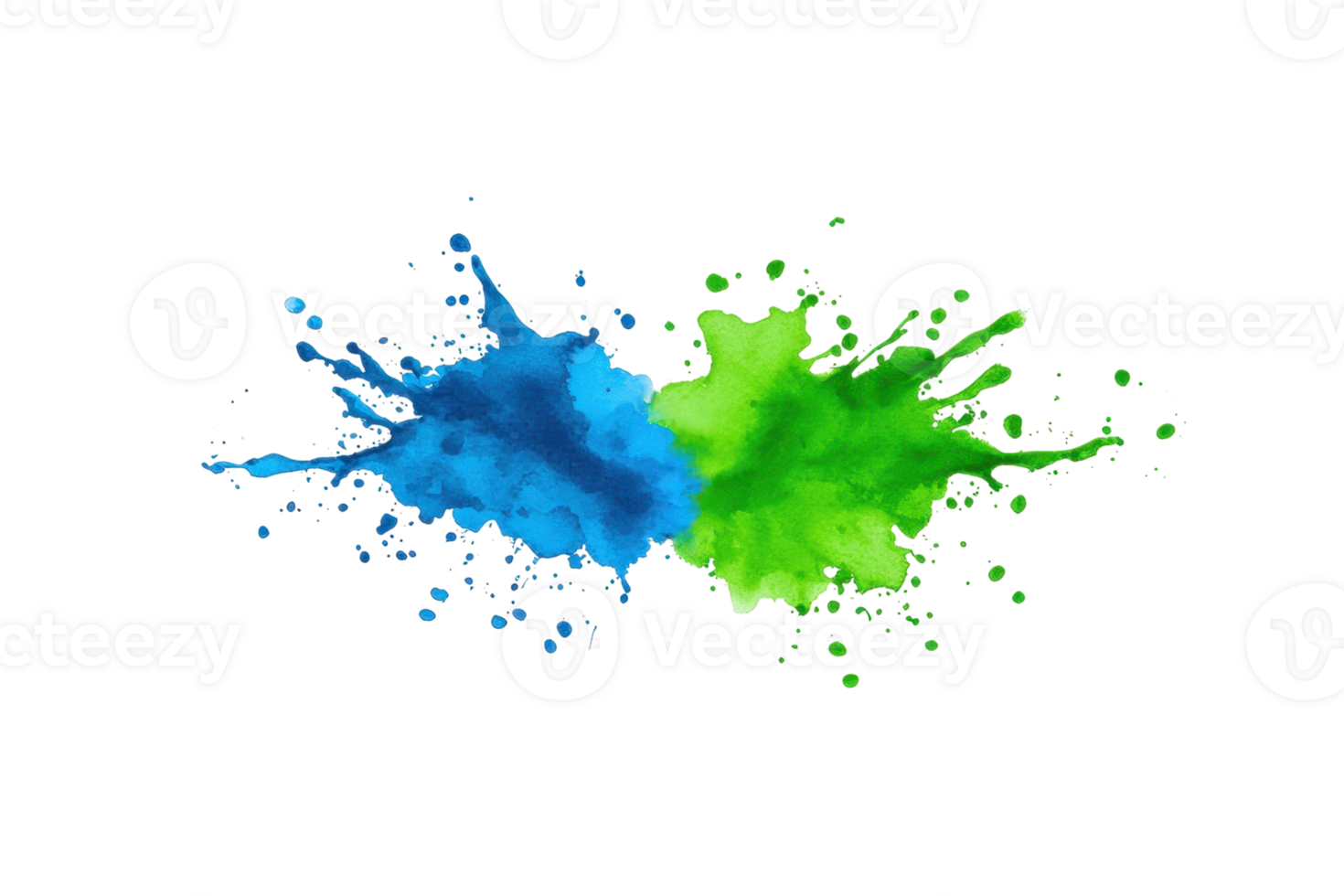 A Vibrant blue and green paint splashes collide dynamically transparency background, creating energetic and artistic visual effect. splatters form abstract pattern, showcasing creativity and png