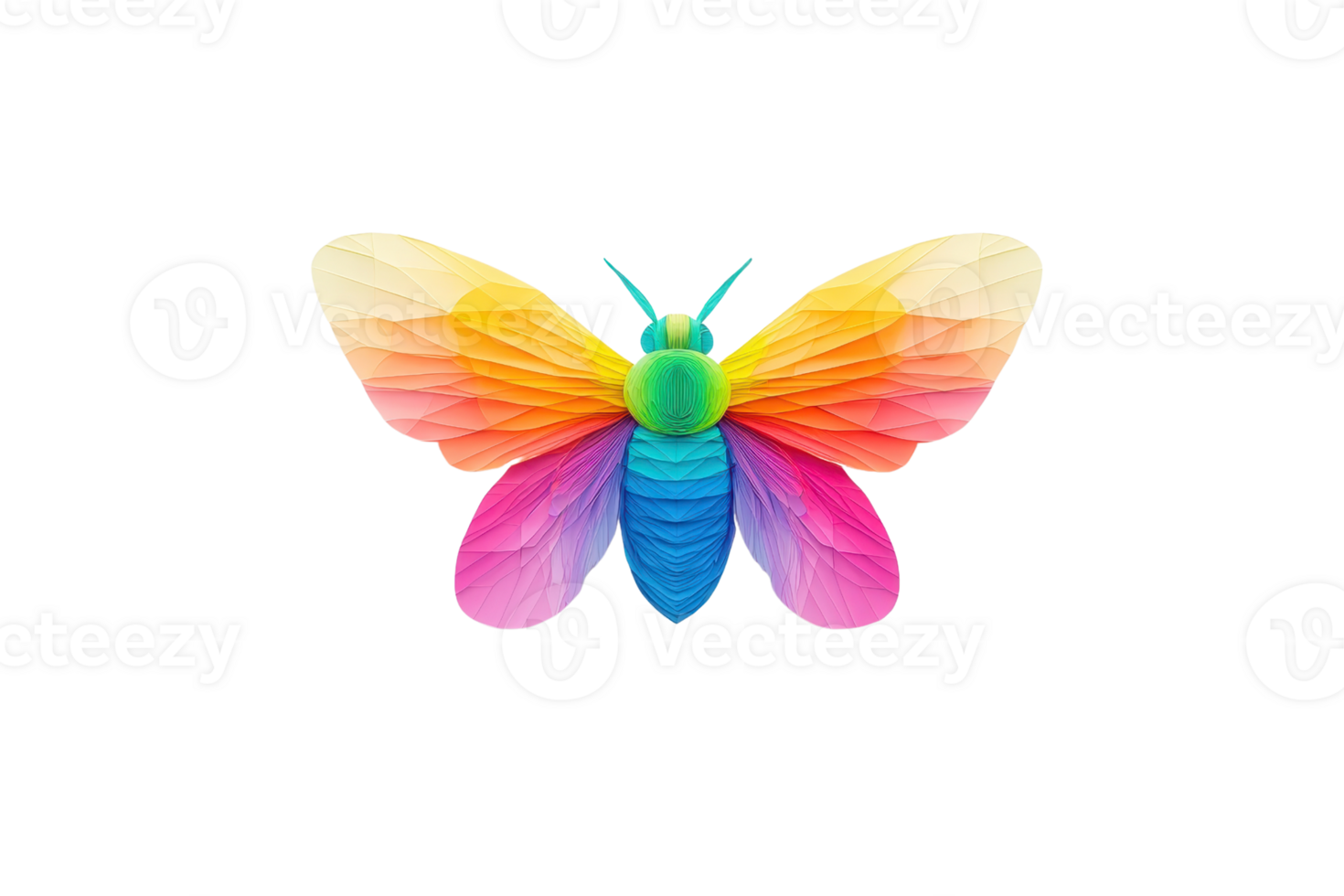 A vibrant, multicolored butterfly with symmetrical wings displays gradient of colors from yellow to pink, creating striking and artistic design png