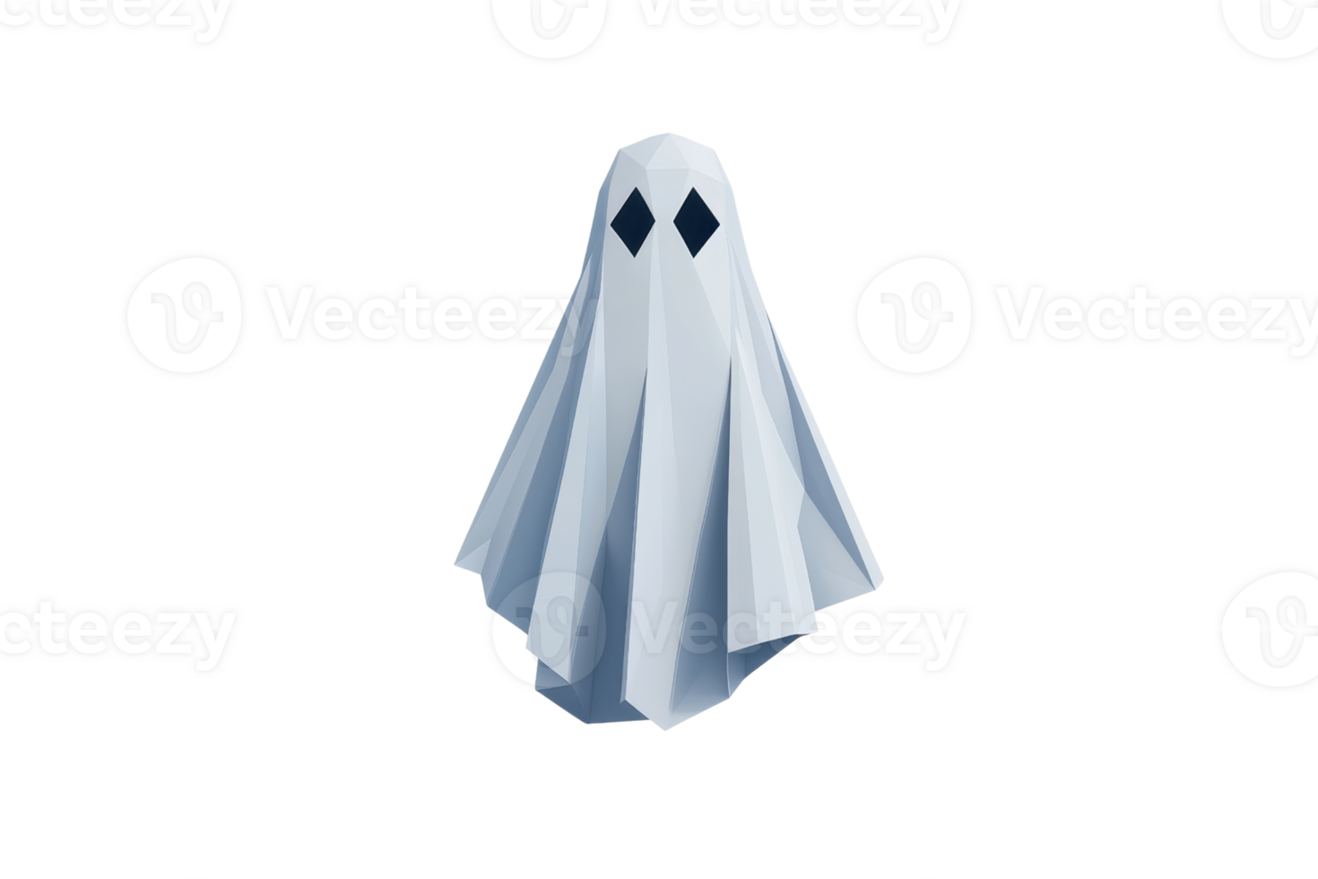 A geometric ghost illustration with faceted design and dark eyes, floating against transparent background. ghost angular shape gives it modern and abstract appearance png