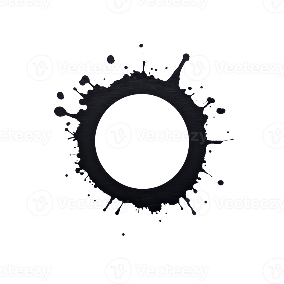 A black ink splatter forms circular shape with dynamic splashes extending outward, creating abstract and artistic design transparency background. contrast highlights fluidity and randomness of ink png