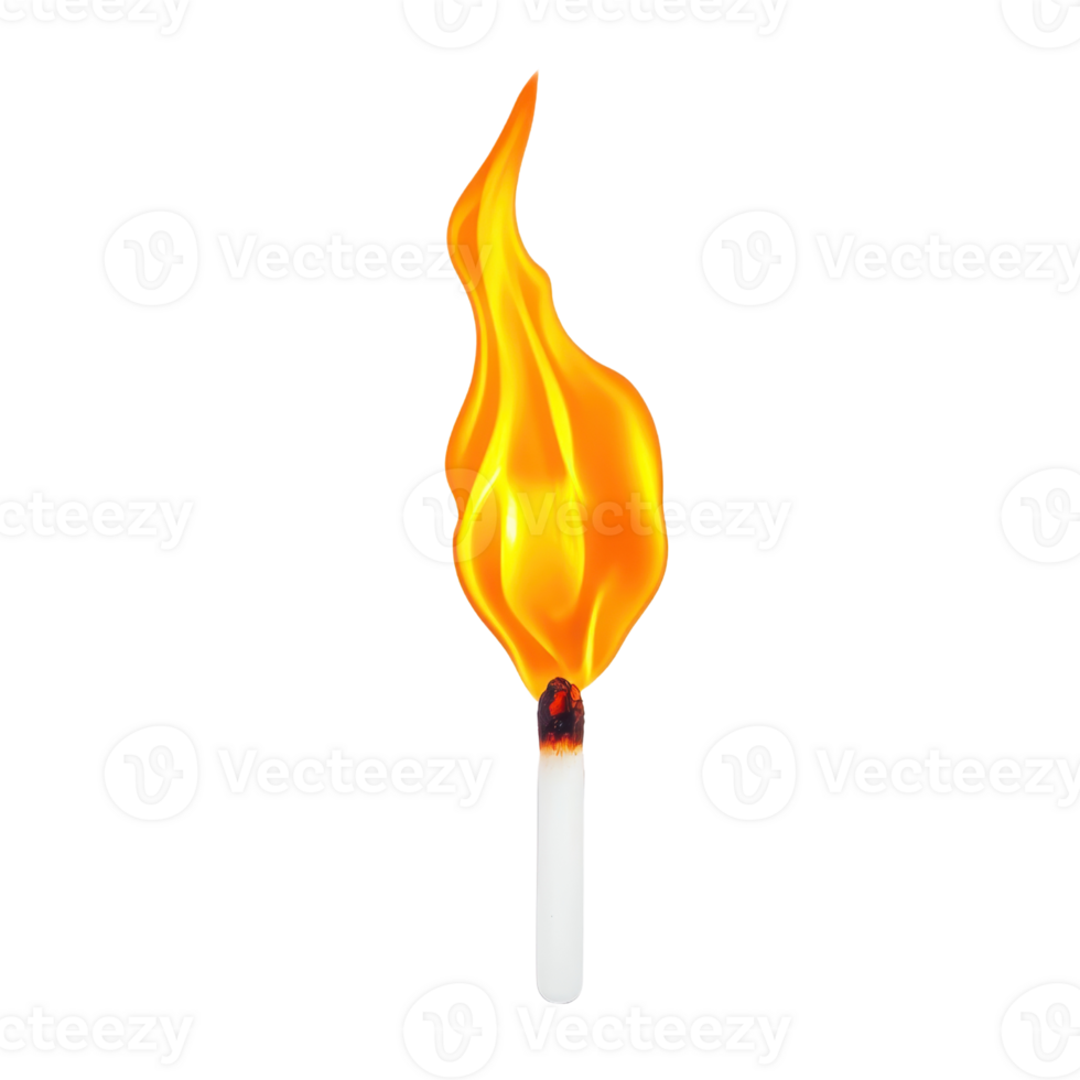 A single matchstick with bright, vibrant flame against transparency background, symbolizing ignition and energy. flame dynamic shape and vivid colors create striking visual contrast png
