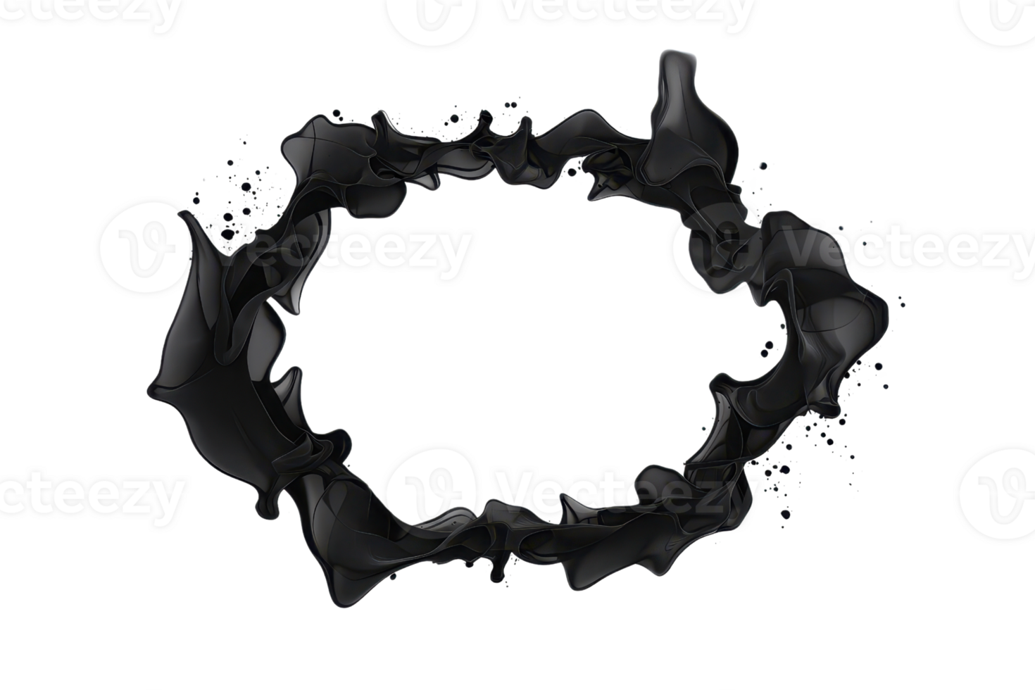A dynamic black ink splash forms irregular circular shape transparency background, creating striking contrast and artistic effect. splash appears fluid and energetic, suggesting movement and png