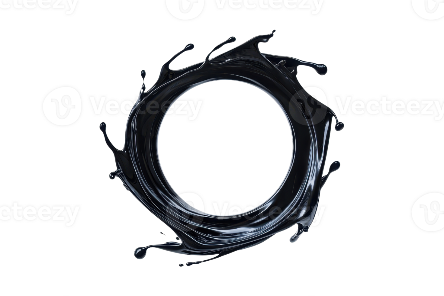 A dynamic splash of black liquid forms circular shape, creating striking and abstract design. fluid motion and glossy texture add sense of movement and energy to image png