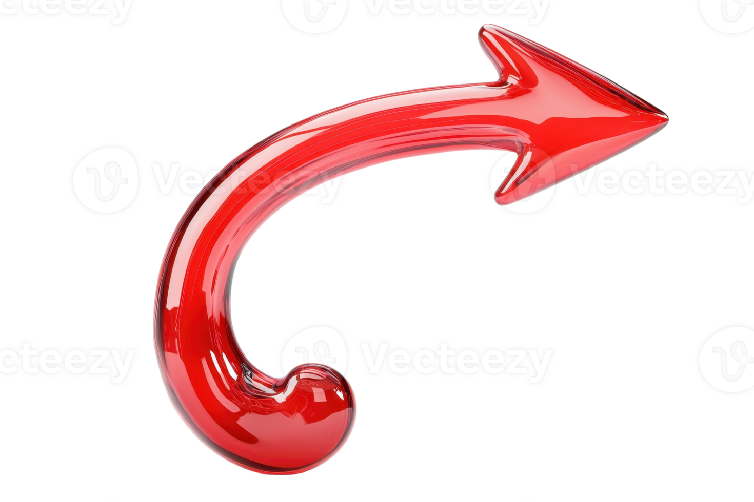 A shiny red curved arrow pointing left, symbolizing direction or movement, isolated transparency background. glossy finish and vibrant color make it stand out, ideal for design or navigation png