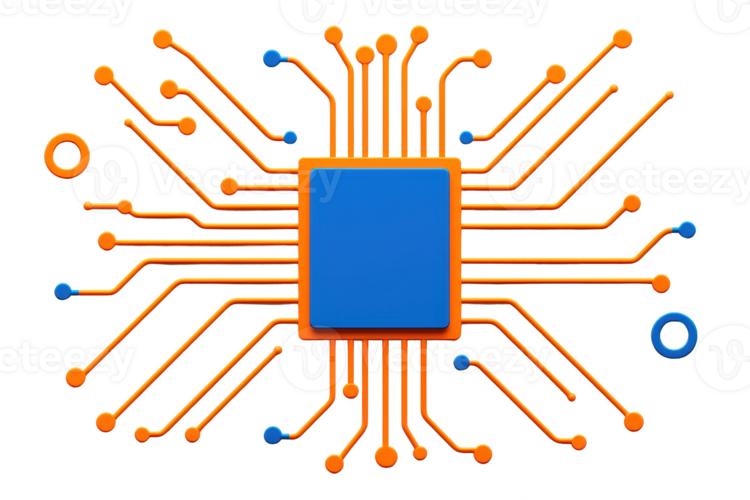 A vibrant illustration of blue microchip with orange circuit lines extending outward, symbolizing technology and connectivity. design is modern and abstract, featuring circular elements png