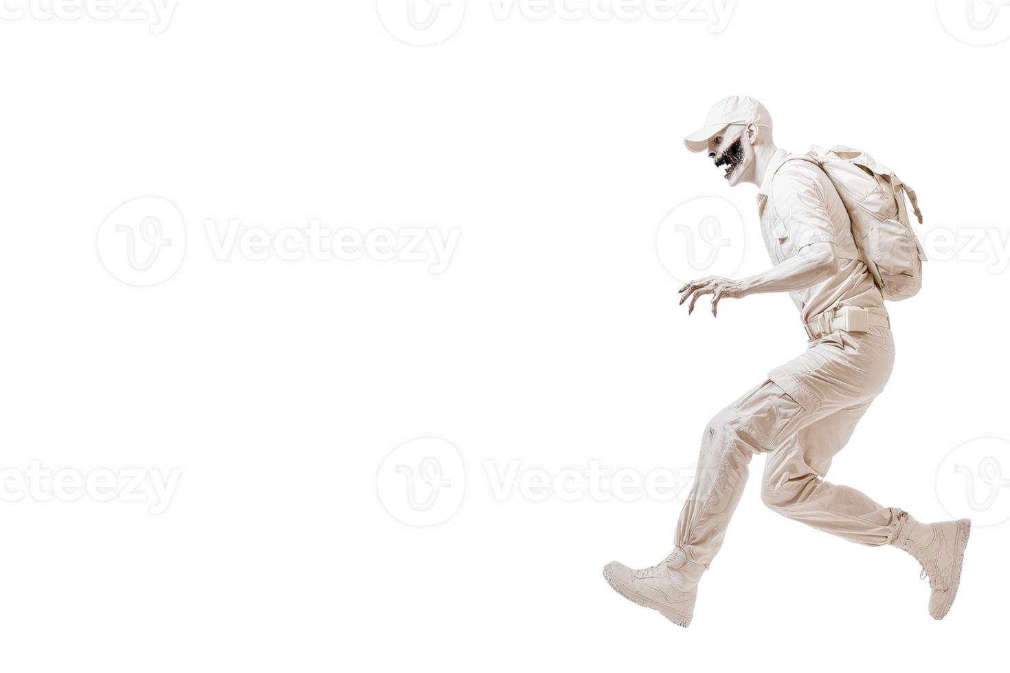 A person dressed in all white, including cap and backpack, is captured in mid air as they leap forward against plain background. dynamic pose and monochromatic outfit create striking visual effect png