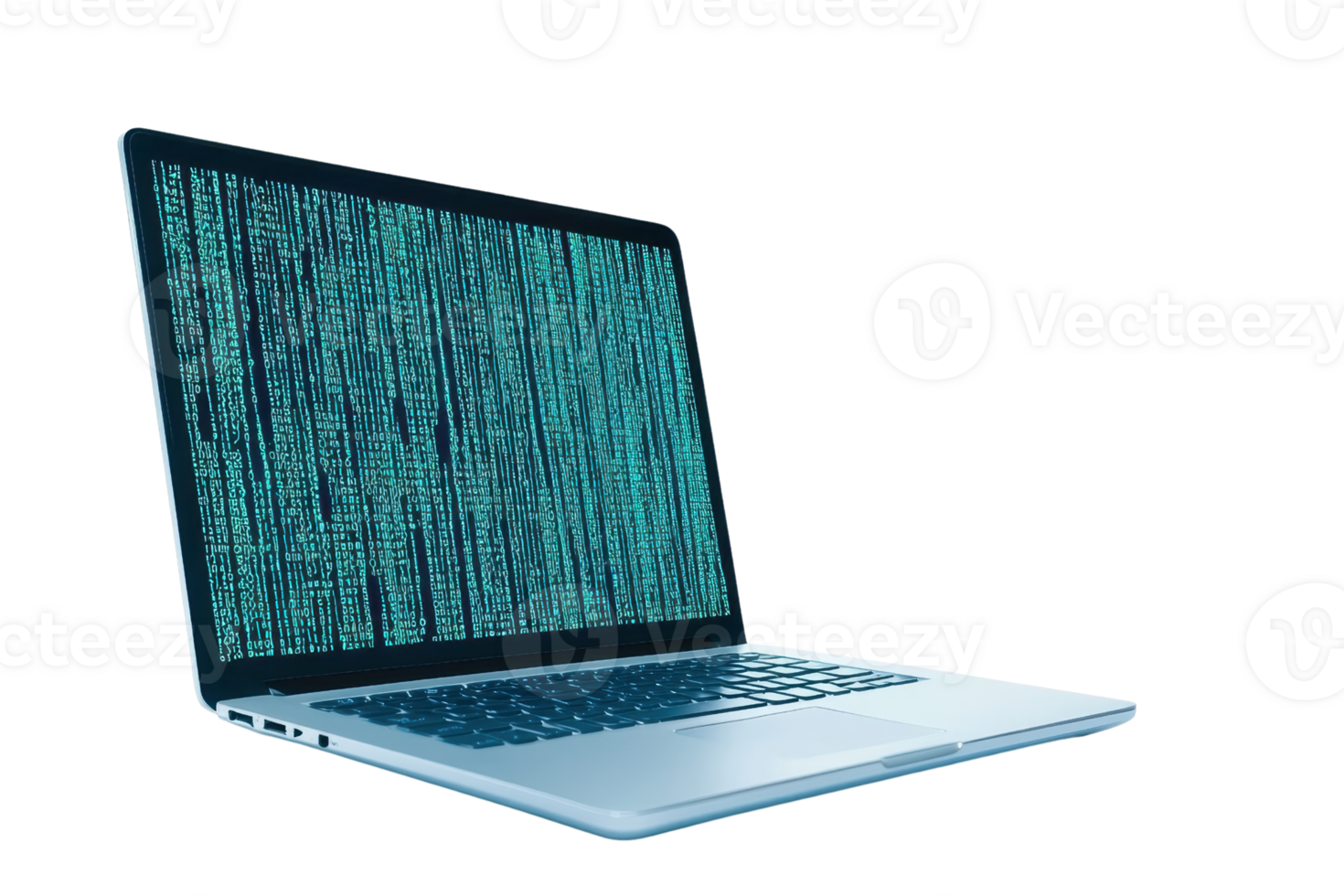 un' elegante il computer portatile visualizzazione digitale matrice di blu codice su suo schermo, simboleggiante tecnologia e dati in lavorazione. Aperto il computer portatile è isolato su trasparenza sfondo, sottolineando suo moderno design png