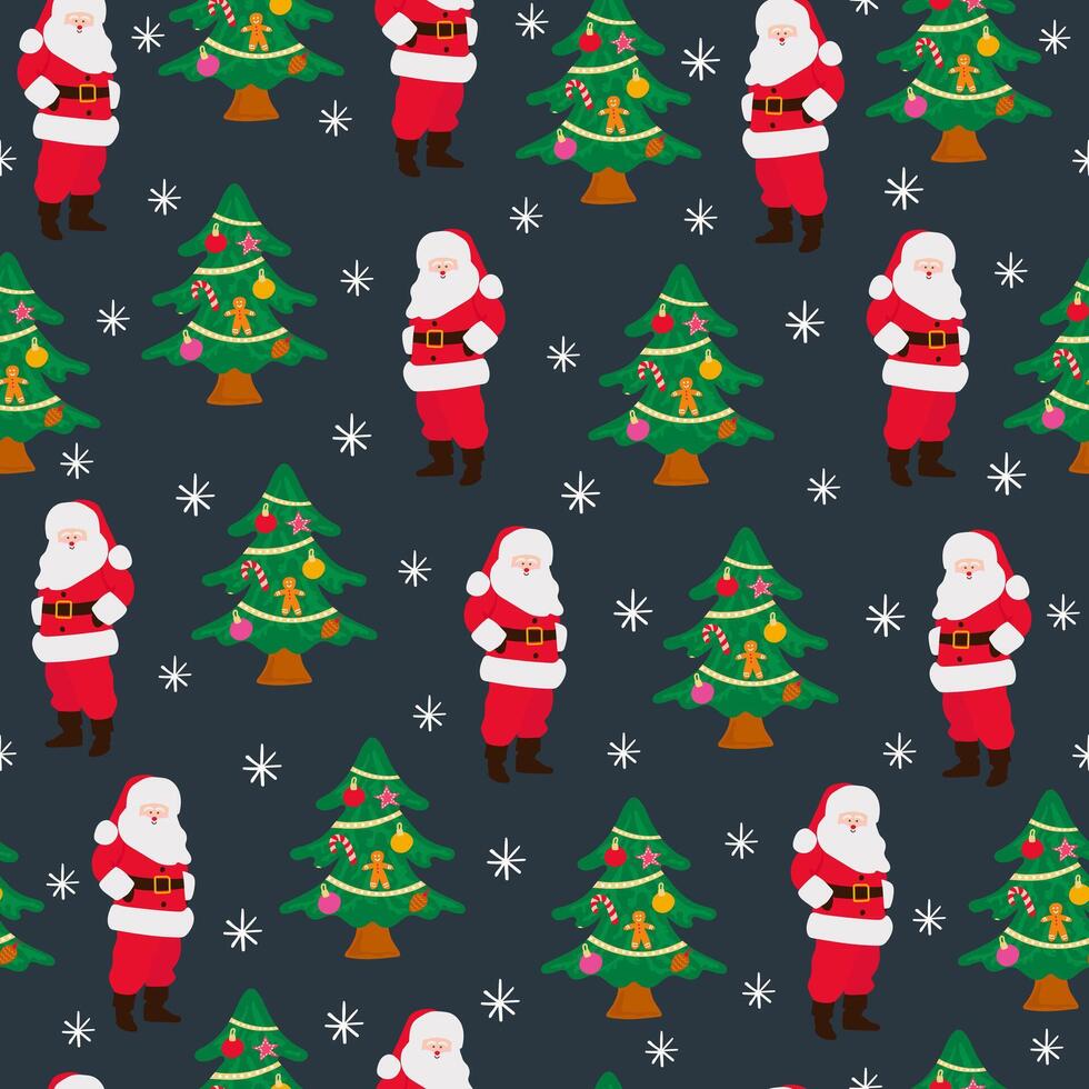 A repeating Christmas pattern with Santa Claus and a decorated tree. Festive, continuous illustration for winter textile designs and wrapping. vector