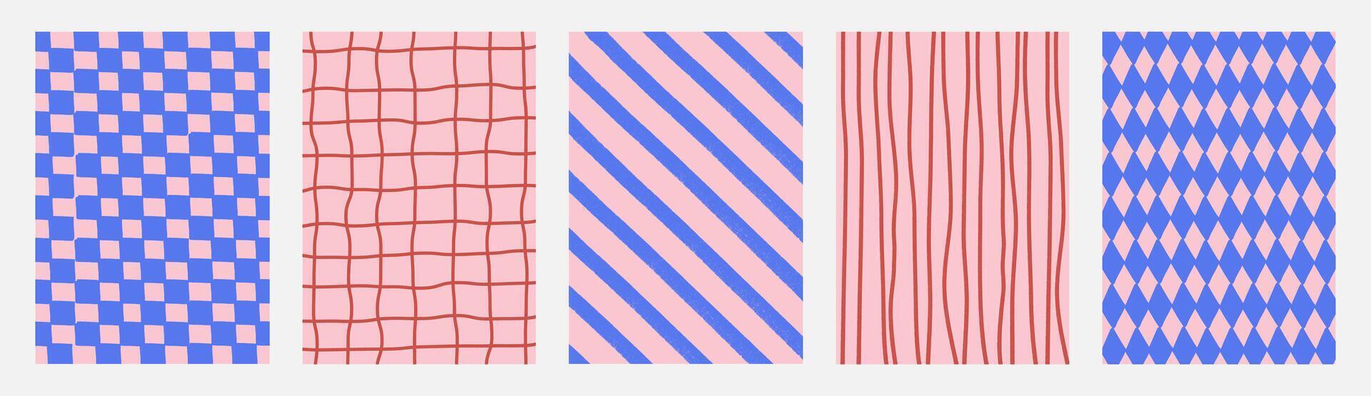 Playful seamless backgrounds with abstract geometric and hand-drawn patterns in pink and blue. Modern whimsical textures with stripes, diamonds, grids, and wavy lines. Flat illustration. vector