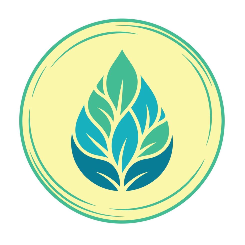 Vibrant water drop shape filled with a detailed leaf pattern in various shades of blue and green, set on a yellow background within a textured double circle vector