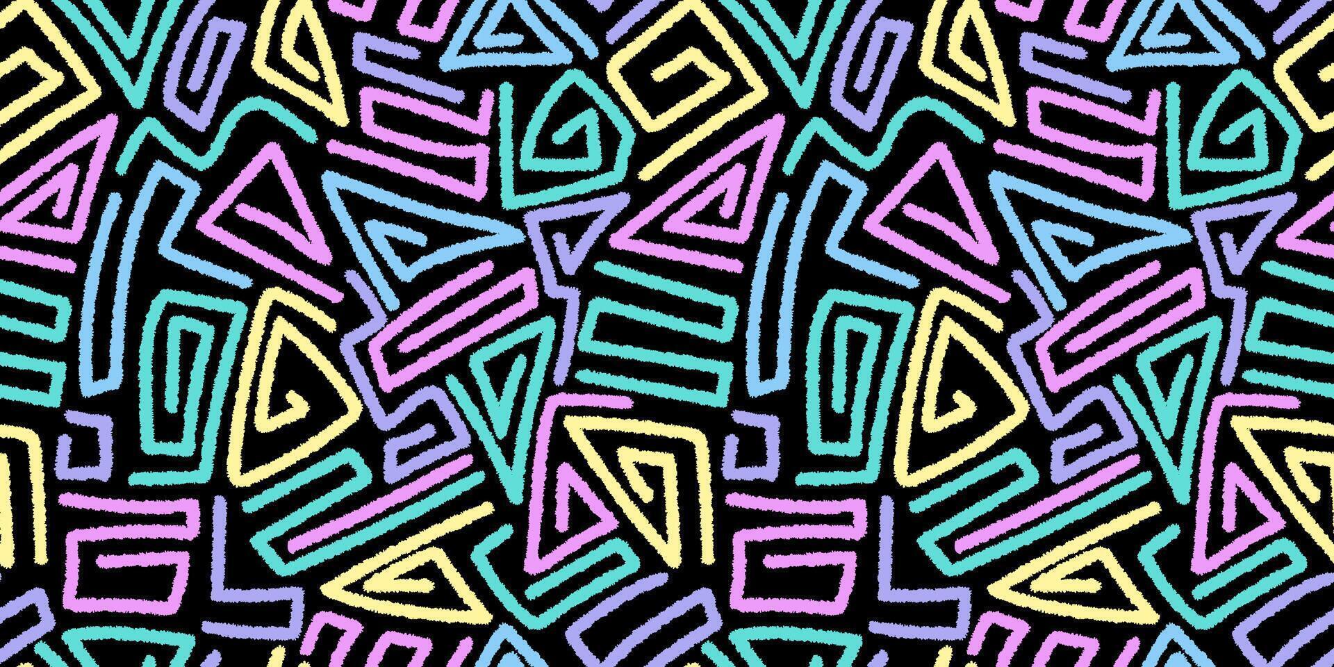 Abstract geometric seamless pattern with textured lines. Repeated ethnic motif on black. Great for textile, fabric, wallpaper, wrapping, scrapbook and packaging vector