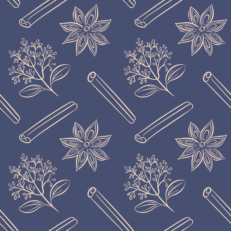 Seamless pattern with cinnamon stick, star anise and branch drawn in line art style on a blue background. vector