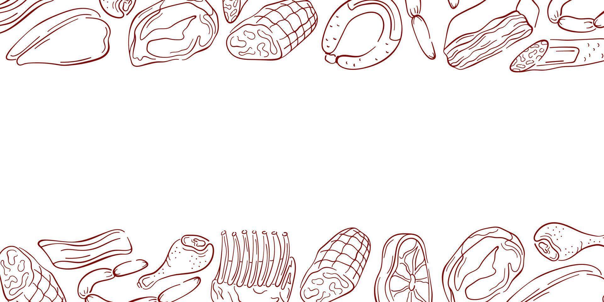 Border frame with various meat cuts, chicken, bacon in line art style. Perfect for butcher shop design, recipe book or flyer. vector