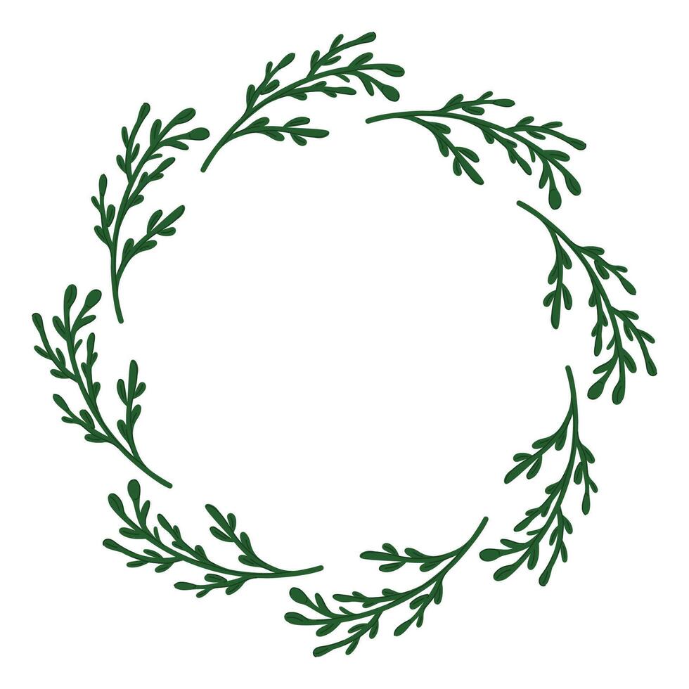 Circular wreath frame with green botanical branch in circle on white background in flat style. Empty center space for text or design element. vector