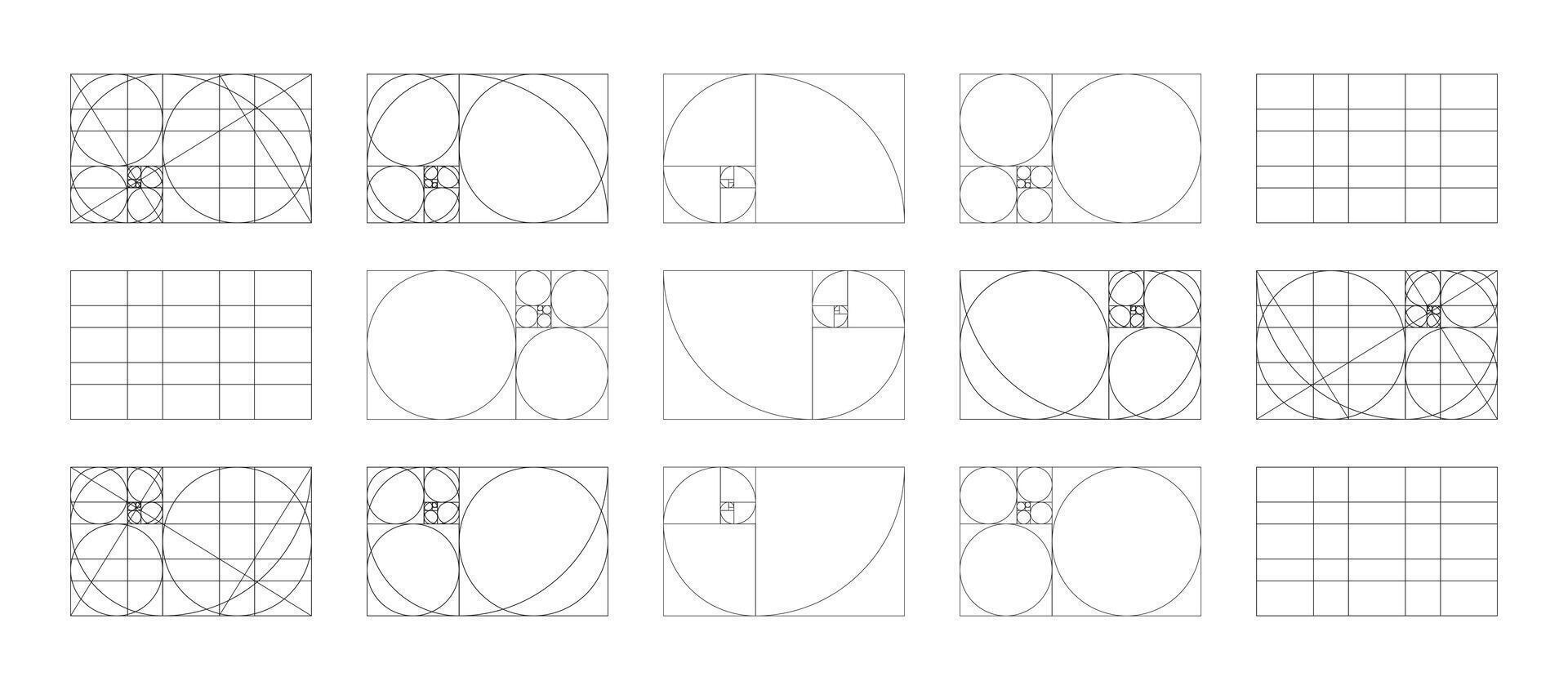 Fibonacci array, numbers forms. Golden ratio section grid. Harmony proportions black frames templates. Golden Spiral patterns. Method golden section. Outline graphic thin printable illustrations. vector