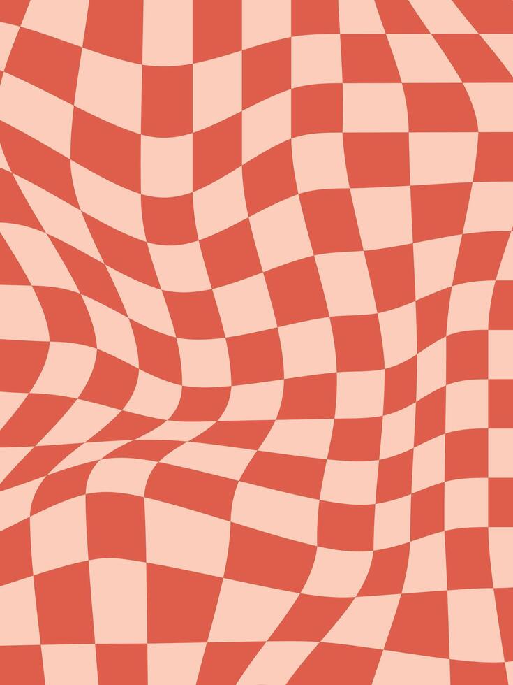A visually striking distorted checkerboard pattern with wavy red and beige squares. This abstract background is ideal for retro design, optical illusions vector