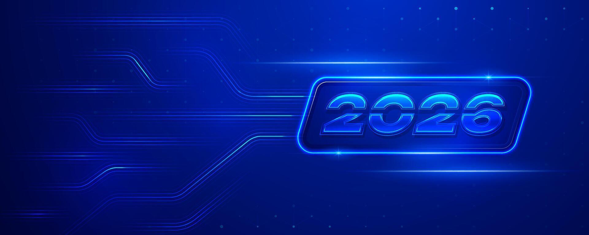 Futuristic 2026 text with circuit lines on a blue background vector