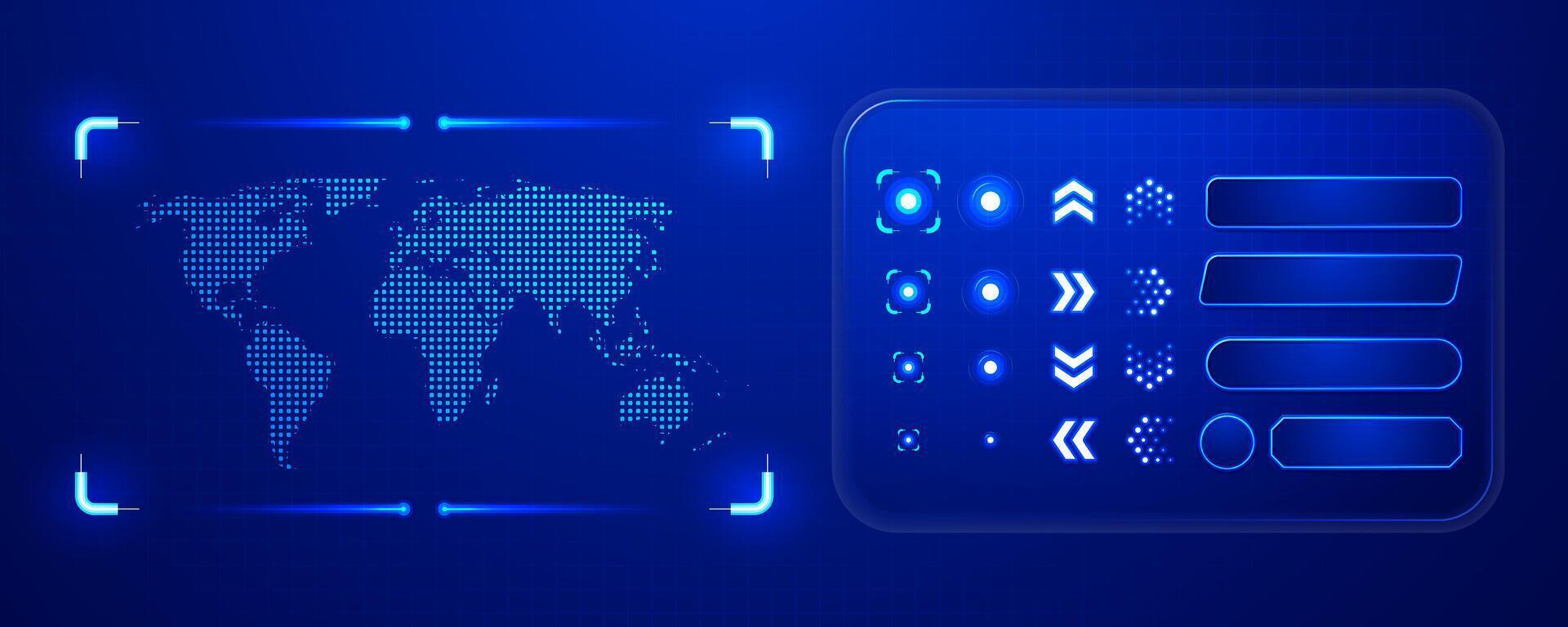 Futuristic HUD interface with world map and glowing elements vector