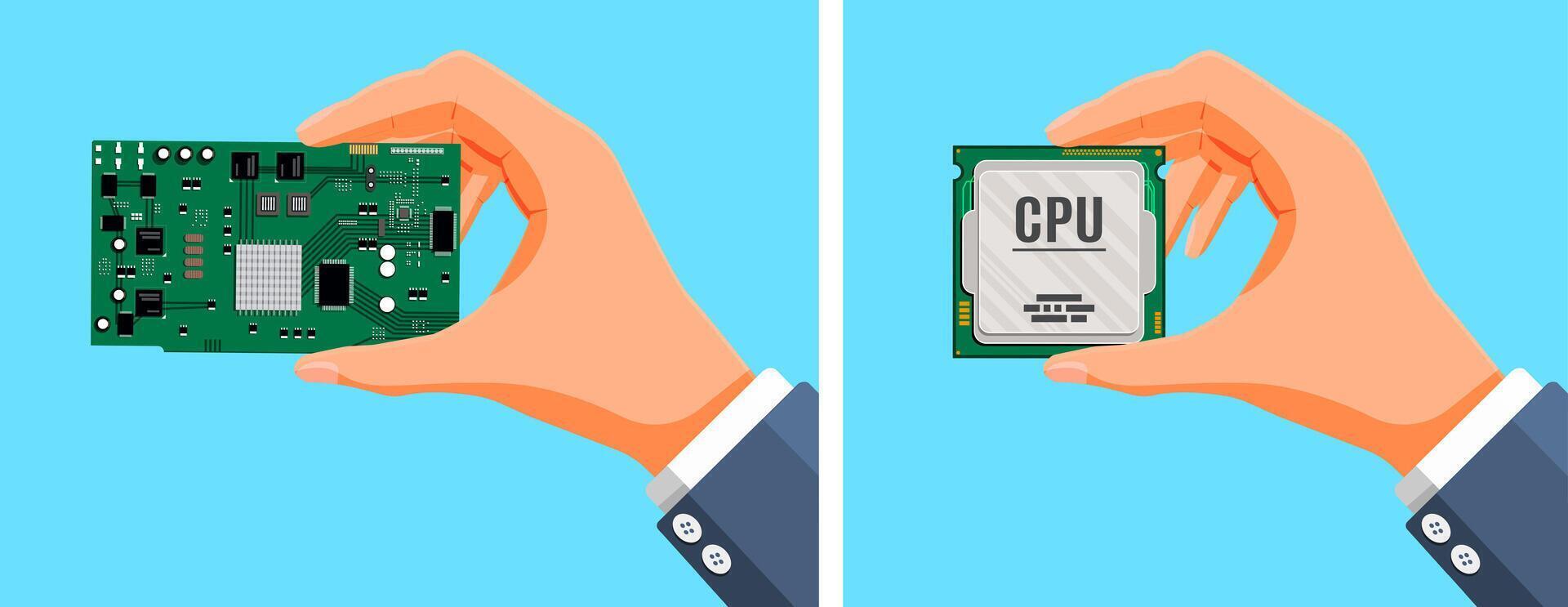 Circuit board and CPU in hands vector