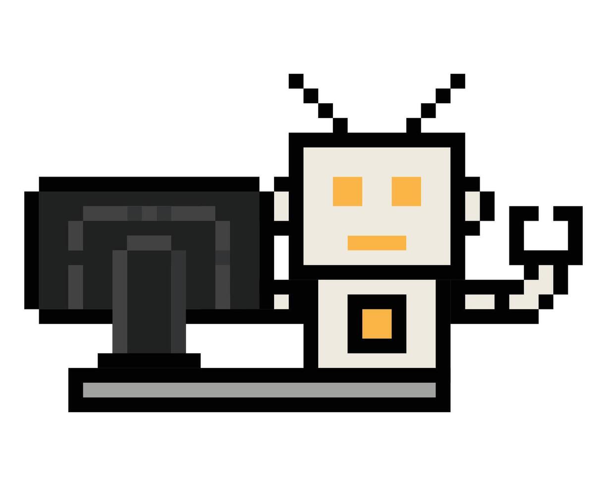Cartoon robot work robotic machine chat bot ai factory 8 bit electronic. vector