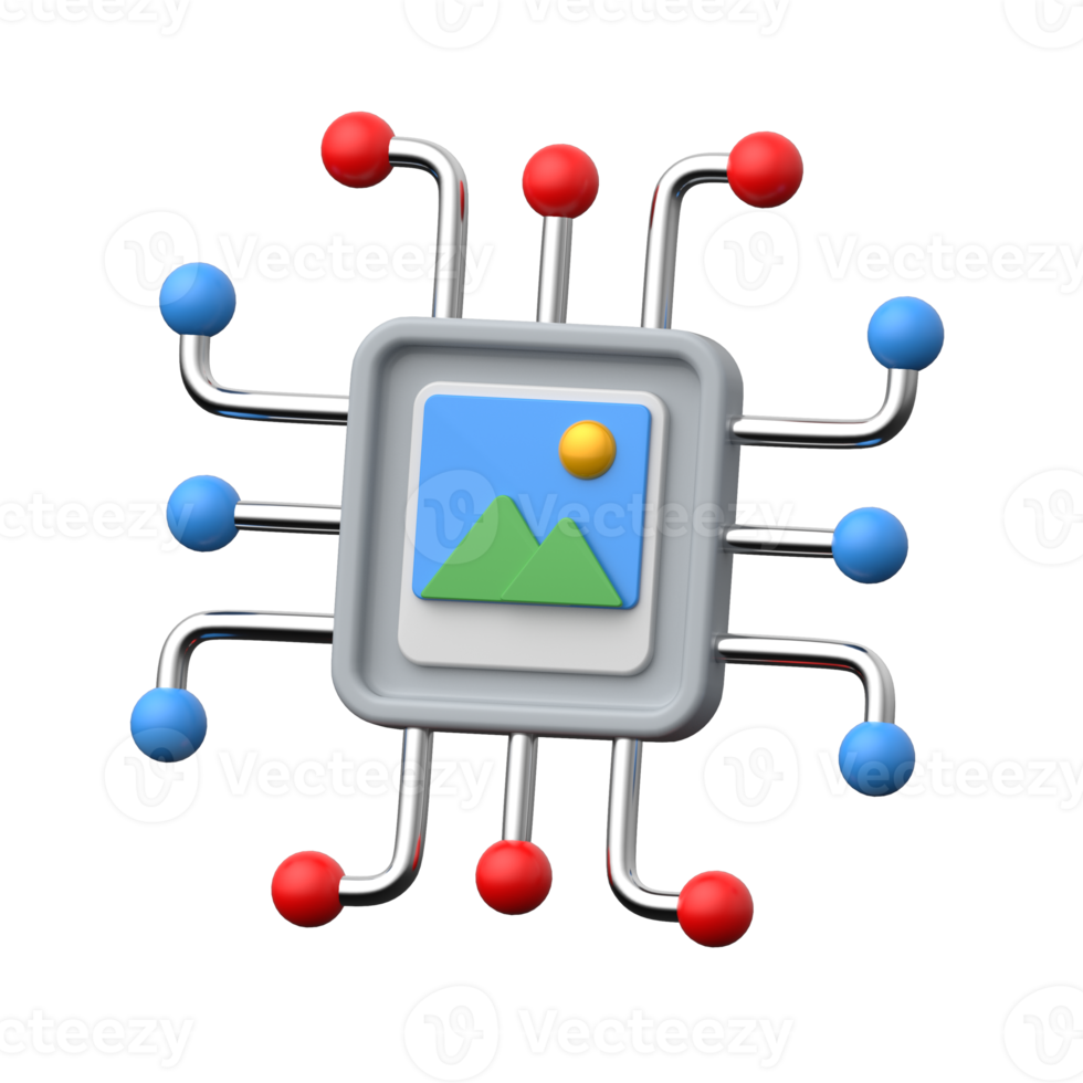 Modern 3D AI processor chip icon for image recognition. png