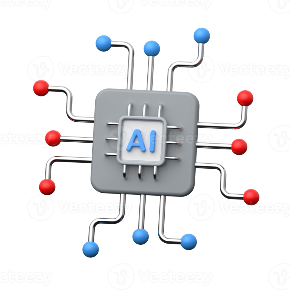 Modern 3D AI microchip icon representing artificial intelligence processing, png