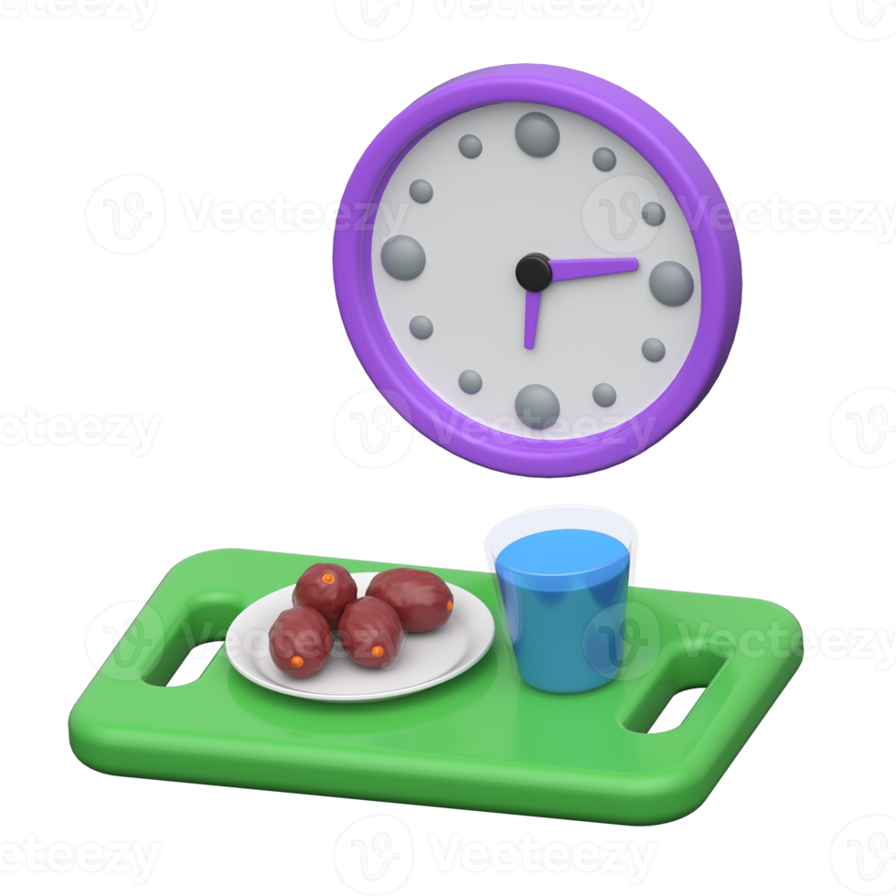 3D icon showing clock, dates, and water representing iftar time during Ramadan fasting png