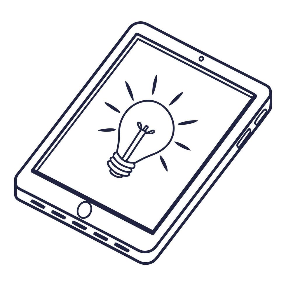 Line drawing of a tablet computer displaying a lightbulb, symbolizing digital ideas and innovation technology vector
