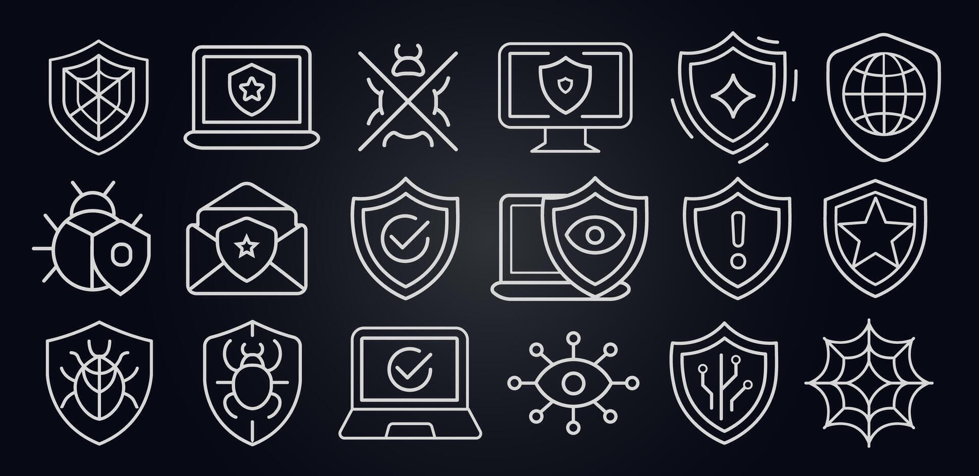 Outlined cybersecurity icons with shields, bugs, checkmarks, monitors, envelopes, and circuits. Malware alert, antivirus system, email and network security. Line stroke style. illustration. vector