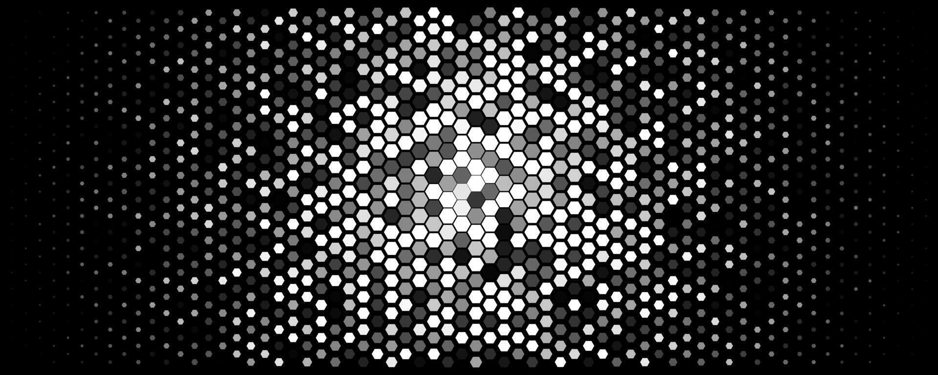 Hexagon halftone burst, center glow, tech vibe. Abstract honeycomb grid, digital topics tech, data, cybersecurity. Use background, banner, UI, presentation. Geometric monochrome. illustration vector
