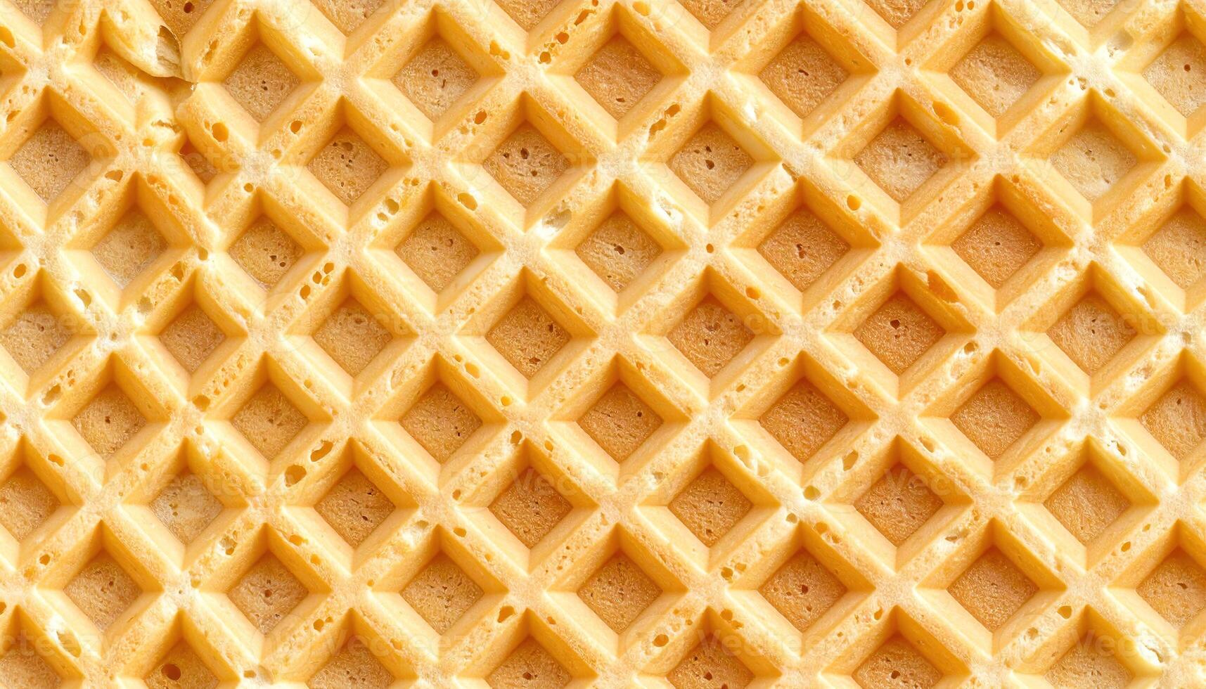 Close-up of a golden-brown, textured food item. It displays a repeating pattern of interconnected squares, showcasing a grid-like design with slight variations in color. photo