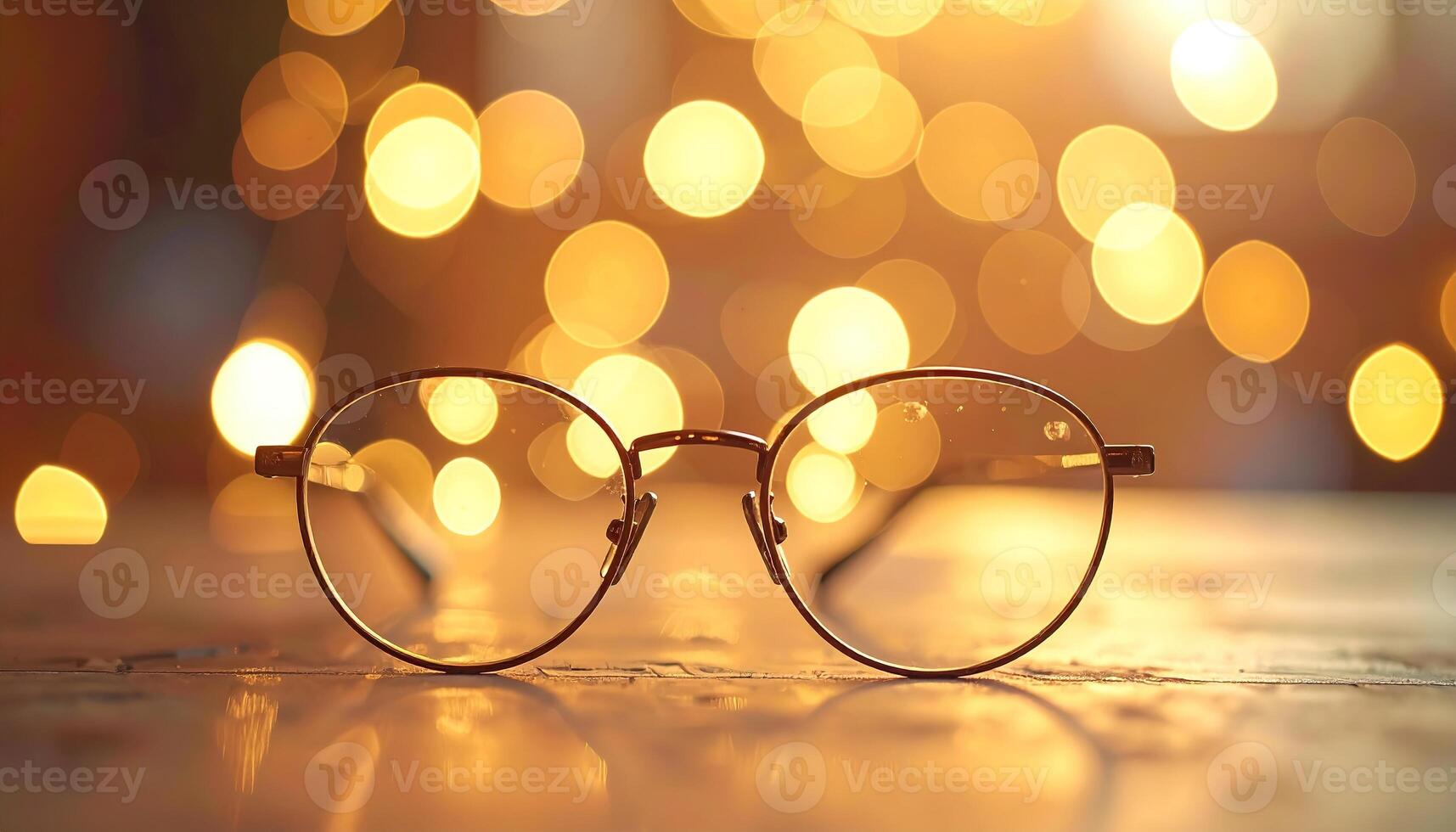 Close-up shot of spectacles with round frames on a reflective surface. Soft-focus golden bokeh lights illuminate the background, creating a warm, inviting atmosphere photo