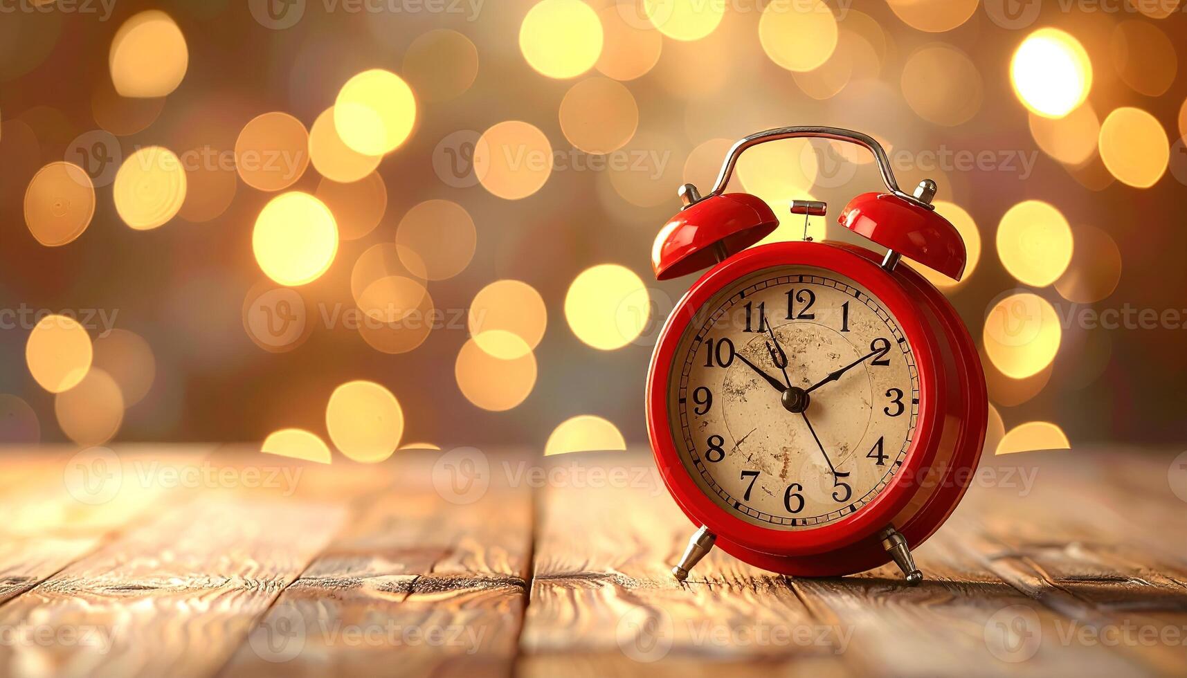 A red alarm clock sits on a wooden surface against a backdrop of warm, blurred bokeh lights. The clock's hands point to a time just after ten photo