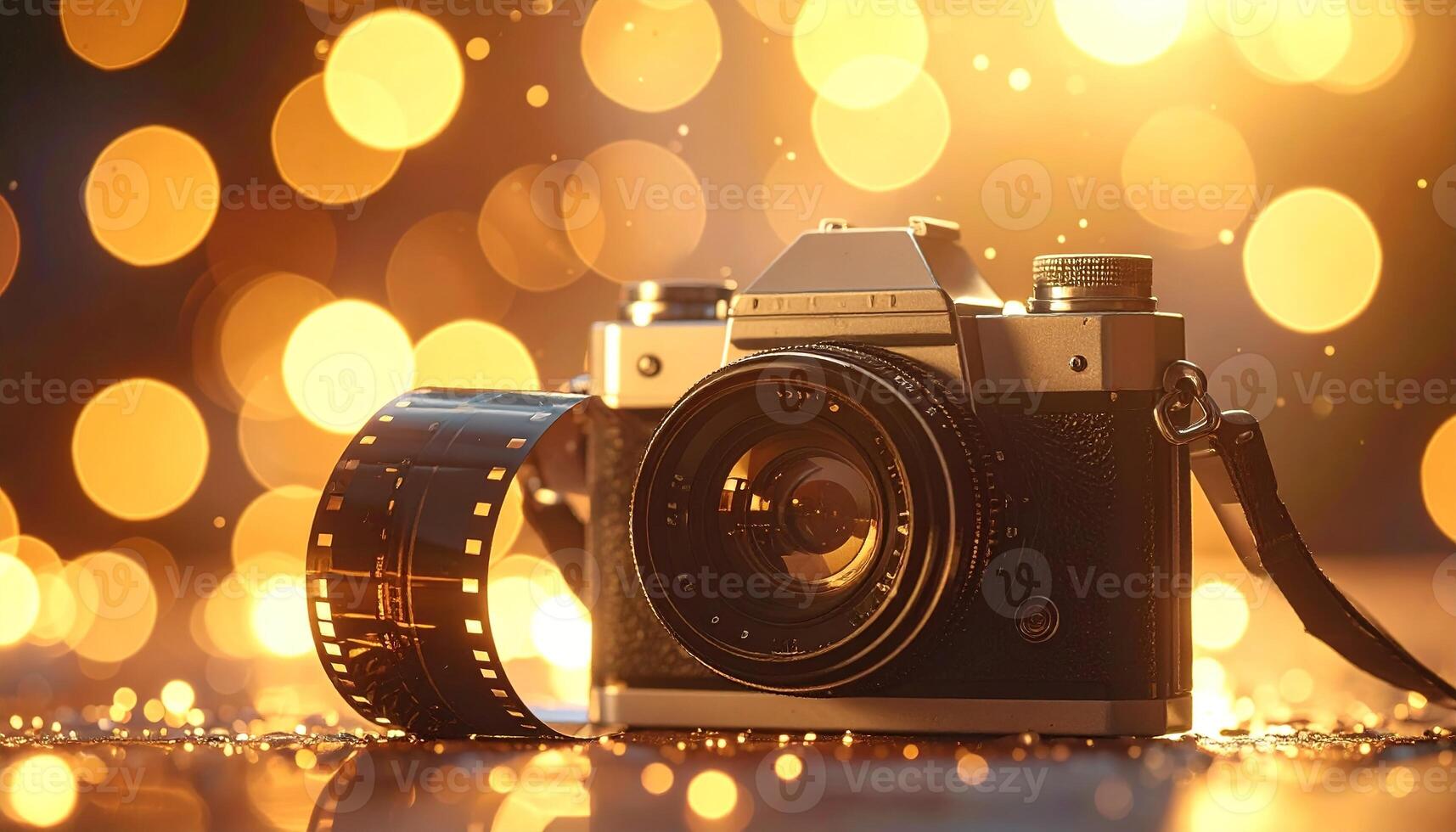 A classic camera with a roll of film rests on a reflective surface, bokeh lights illuminating behind. The lens is focused, with a strap attached. The scene is warm and inviting photo