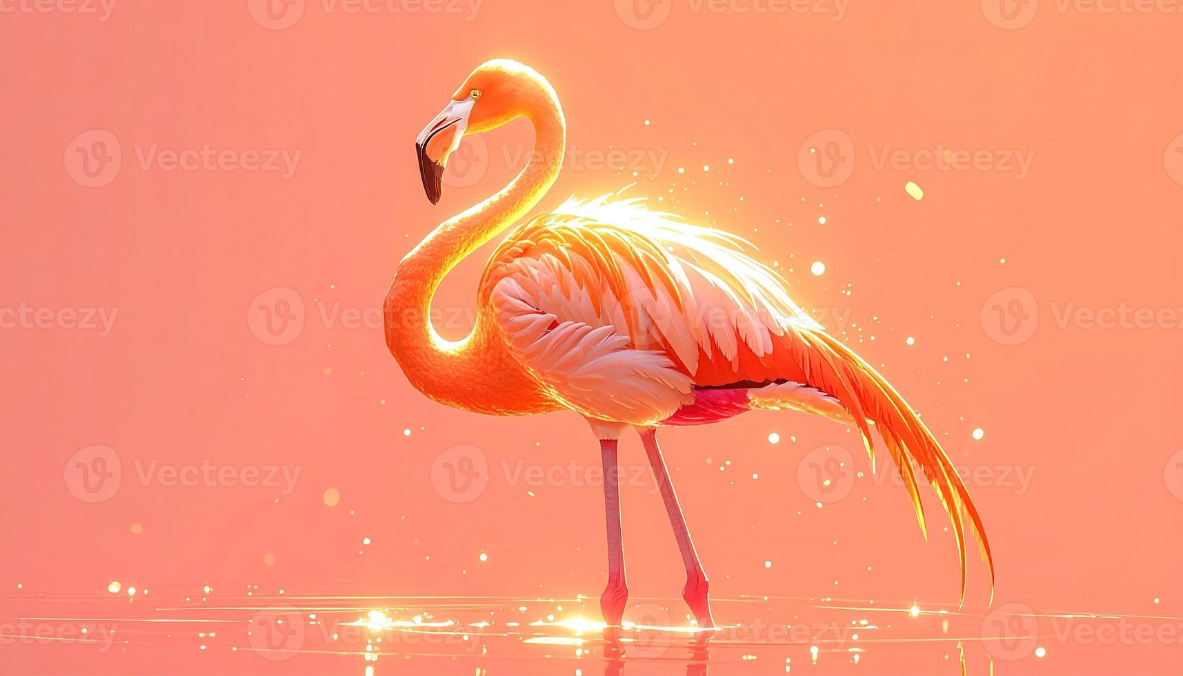 A radiant flamingo stands in shallow water against a gradient peach background. Lit with a warm, glowing effect, it features crisp details. Sparkles and light bursts enhance the magical scene photo
