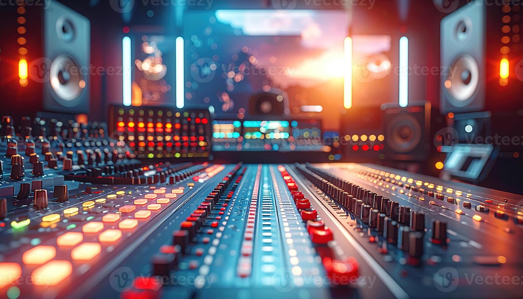 A vibrant studio, bathed in colorful lights. A complex soundboard dominates, with numerous knobs, sliders, and buttons. Loudspeakers flank the scene, with a digital display in the background photo