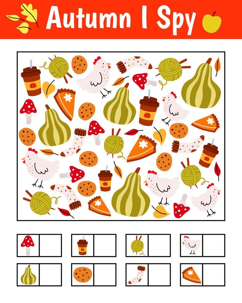 Autumn I spy game. Searching and counting activity for children with cute objects. vector