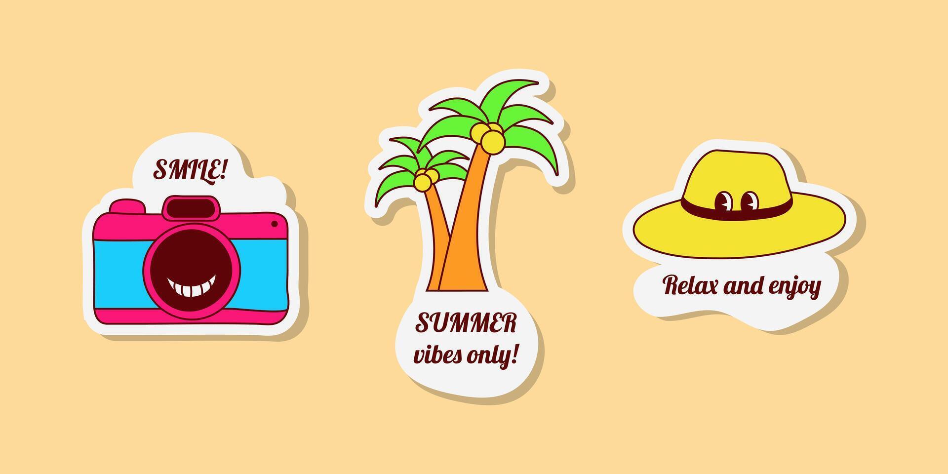 Cartoon style art shows three travel stickers. One has a camera, another shows two palm trees, and the third one is a sunhat. The stickers are colorful and fun. vector
