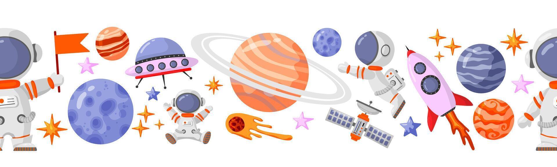 Astronaut and space seamless with space elements. Seamless pattern for design, posters, backgrounds astronaut and space. Planet, comet, galaxy, alienships. vector