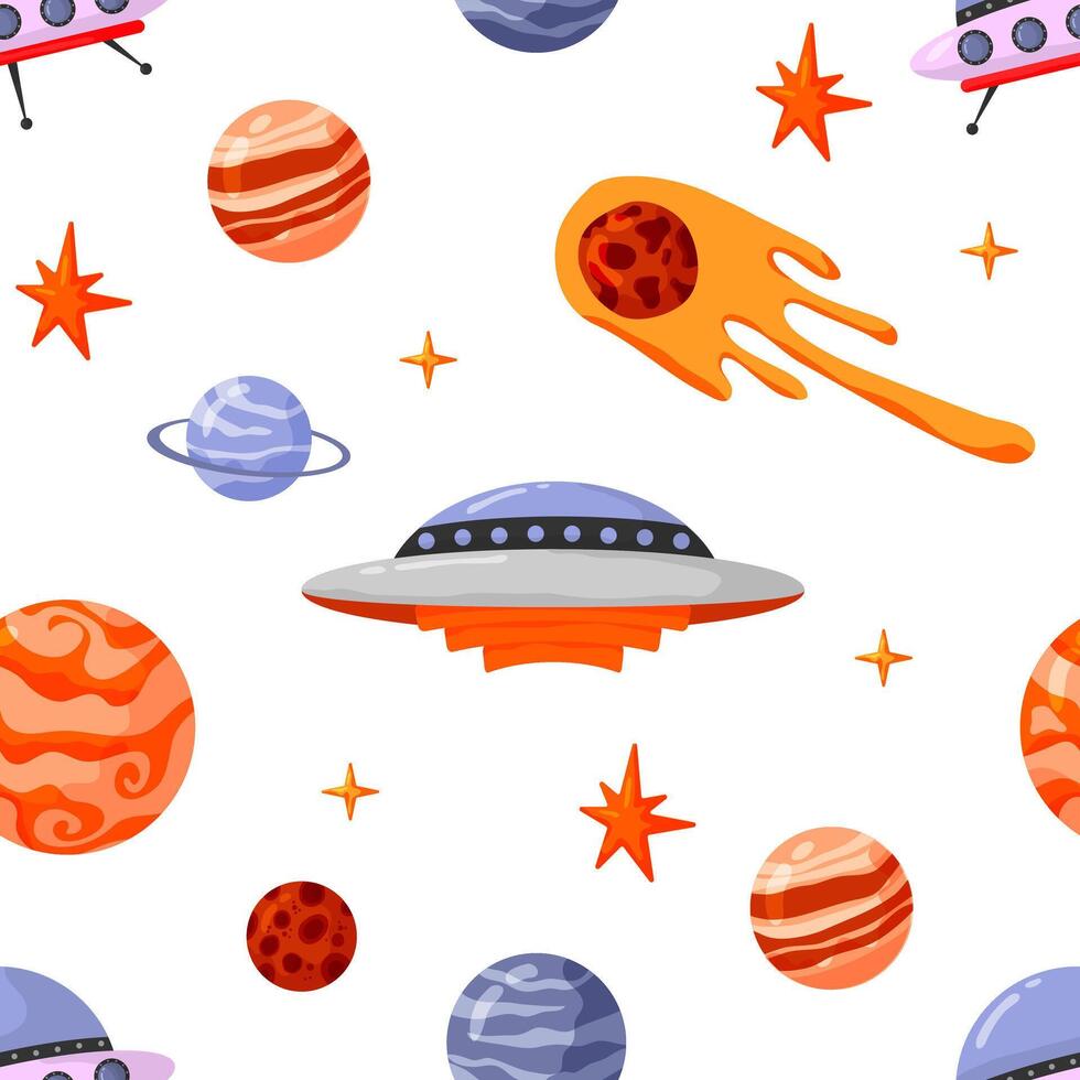 Space seamless pattern with space elements. Seamless pattern for design, posters, backgrounds astronaut and space. Planet, comet, galaxy, alienships vector