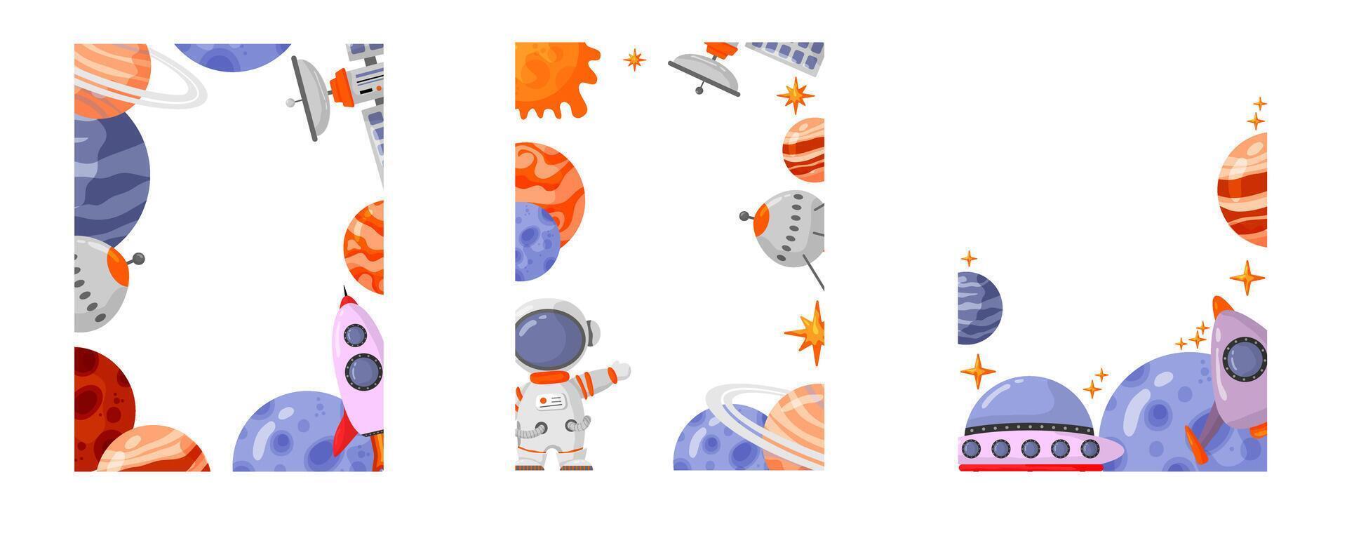 Astronaut and space frame with space elements. Galaxy frame for design, posters, astronaut and space. Planet, comet, galaxy, alienships. vector