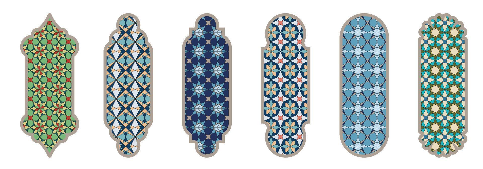 Islamic window shape with color mashrabiya pattern. Arabic door frame. Islamic arhitecture elements of window and door and color mashrabiya pattern. vector